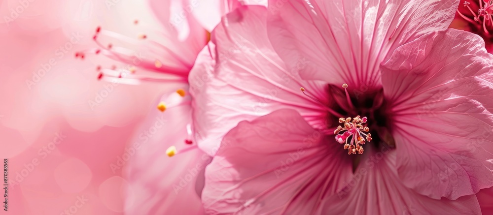 Poster pink flower in full bloom with an area for text or images. copy space available