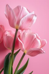 Fototapeta premium Pink flowers with green stems. The flowers are in a vase and are arranged in a way that they are standing upright