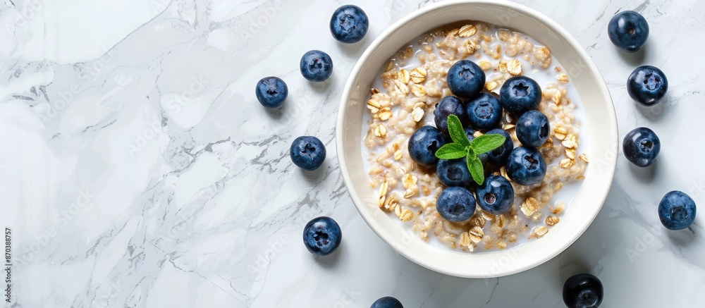 Poster flat lay composition featuring delicious oatmeal topped with blueberries and yogurt on a marble surf