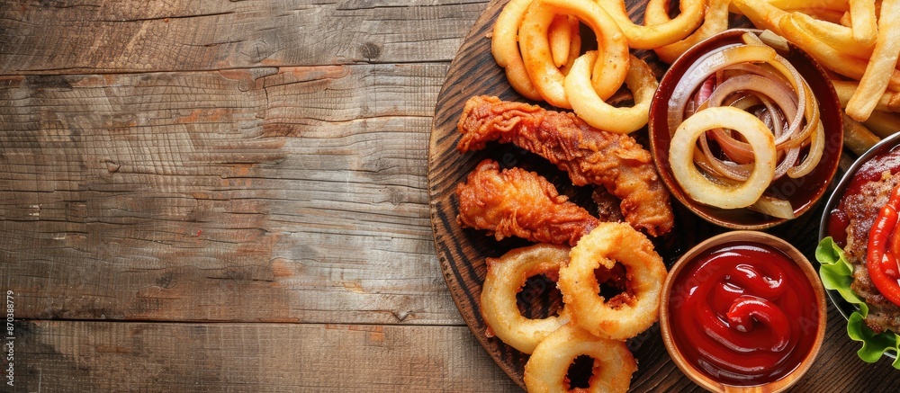 Poster wooden plate on table with a variety of delicious meal options like sauce, ketchup, and onion rings,