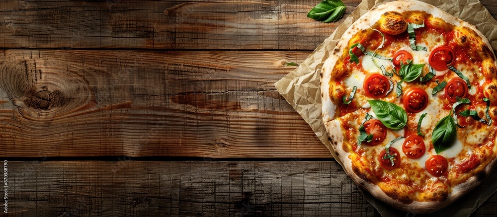 Aufkleber Top-down view image of Pizza Margherita on a wooden background with copy space included, ideal for positioning text or graphics.