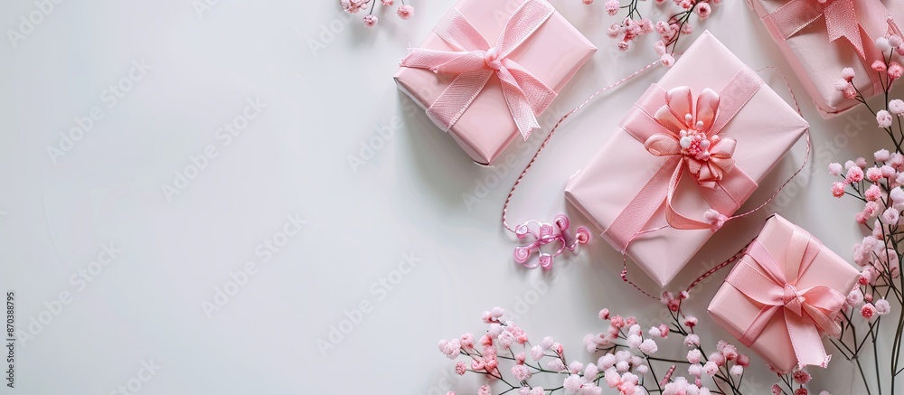 Poster horizontal flat lay of pink-colored newborn gifts on a white background with selective focus, offeri