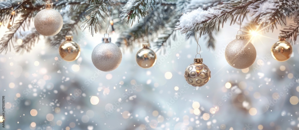 Aufkleber a festive scene featuring shiny christmas ornaments hanging from a snow-dusted tree branch with a re