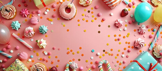 Fototapeta premium Colorful birthday background with festive garlands, pastries, and gifts, including space for text and number 58 candles. copy space available