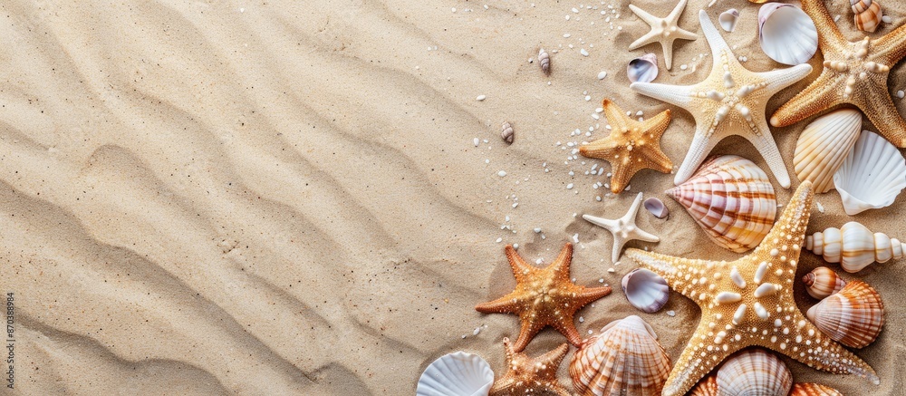 Poster flat lay arrangement featuring lovely starfish and seashells on sandy beach with copy space image.