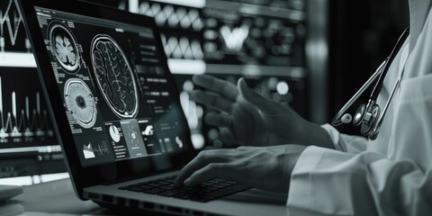 A doctor is using a laptop to analyze brain scans. The doctor is focused on the screen, possibly trying to diagnose a patient. The laptop is displaying a series of images