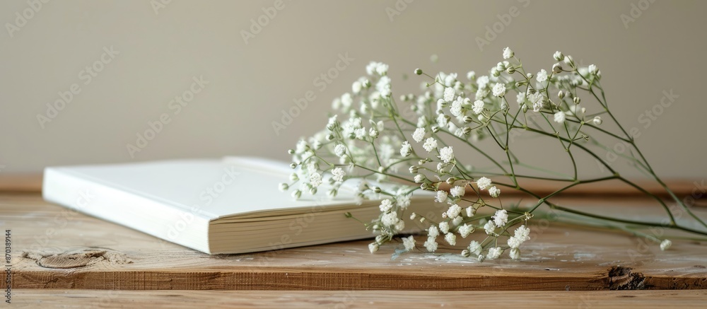 Aufkleber Close-up view of a notebook placed on a wooden table with a sprig of gypsophila flowers, ready for note-taking or planning, against a beige pastel background with ample copy space image available.