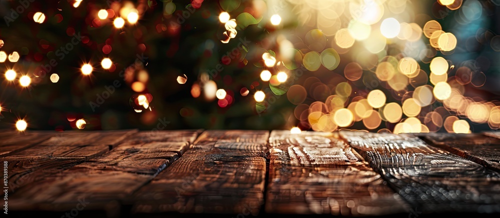 Poster rustic festive background with a dark wooden table, lit christmas tree, and bokeh lights, perfect fo