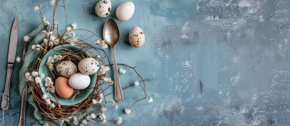 Aufkleber Easter-themed table arrangement with cutlery and eggs in a nest on a blue backdrop providing a charming setting for a photograph with copy space image.