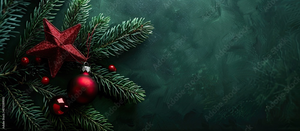 Leinwandbilder christmas-themed banner featuring a decorated tree with a red bauble star on a green branch. include
