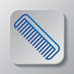 Hairbrush simple icon. Flat design. Paper cut design. Cutted blue symbol with shadow. Gray badge button, gray background