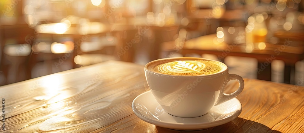 Poster A cappuccino cup with a decorative pattern placed on a cafe table, displayed in a copy space image.