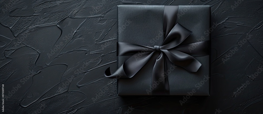 Poster gift box for black friday on black paper with silk ribbon, ideal for text placement as a flat lay im