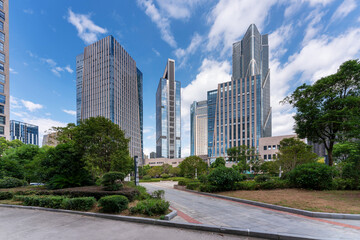 empty, modern square and skyscrapers in modern city