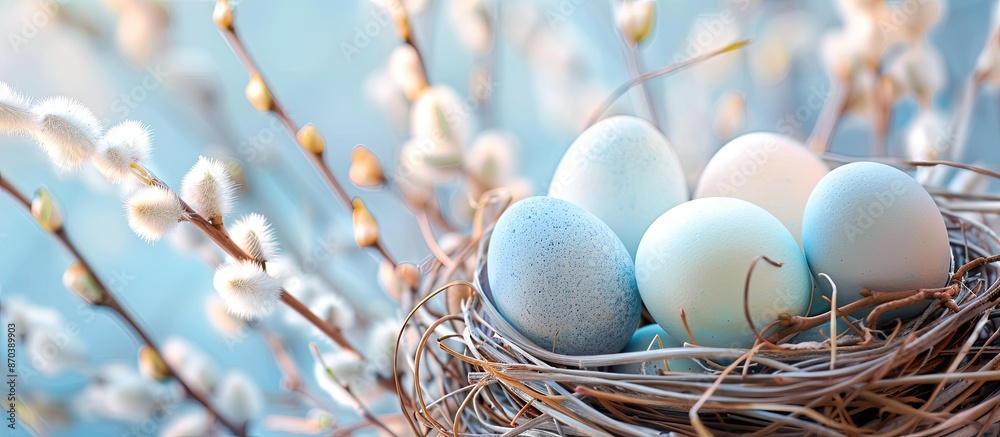 Poster Easter greeting card featuring pastel colored eggs in a nest surrounded by pussy willow branches, creating a serene scene with copy space image.