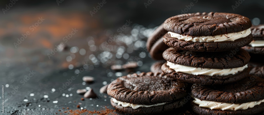 Poster A detailed shot of chocolate cookies filled with cream against a background suitable for adding text or other elements. copy space available