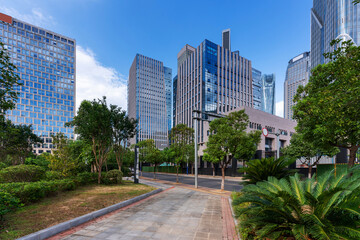 empty, modern square and skyscrapers in modern city