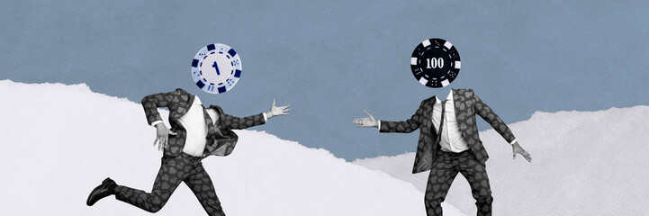 Composite panoramic collage of headless man wear heart suit instead head chip poker game gamble...