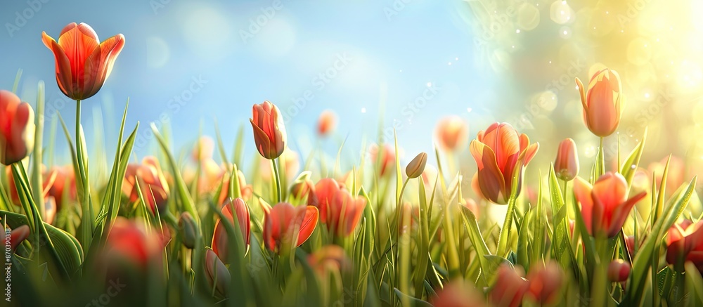 Aufkleber Blooming tulip buds in a spring meadow create a vibrant floral backdrop with plenty of copy space image.