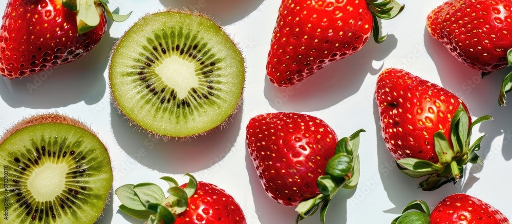 Poster copy space image featuring vibrant red strawberries and kiwi.