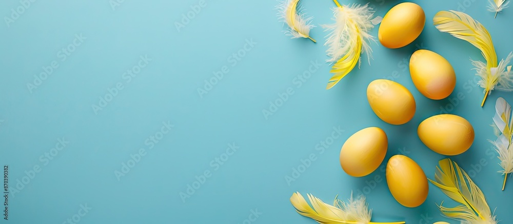 Aufkleber Yellow Easter eggs with feather decorations on a soft blue background for a top view flat lay image with space for text. copy space available