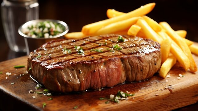 Succulent grilled organic beef steak coupled with crispy golden french fries for ultimate enjoyment