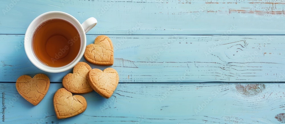 Poster top view of heart-shaped cookies with a white cup of tea on a blue wooden surface in a copy space im