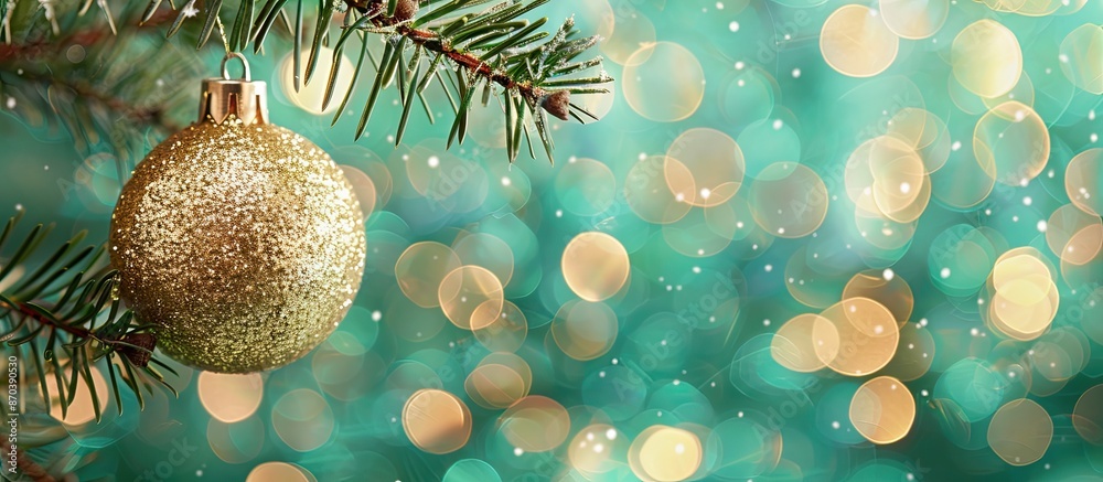 Aufkleber copy space image showing a glistening golden christmas ball hanging from an artificial fir branch ag