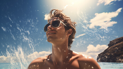 Cool man enjoying the summer sea.