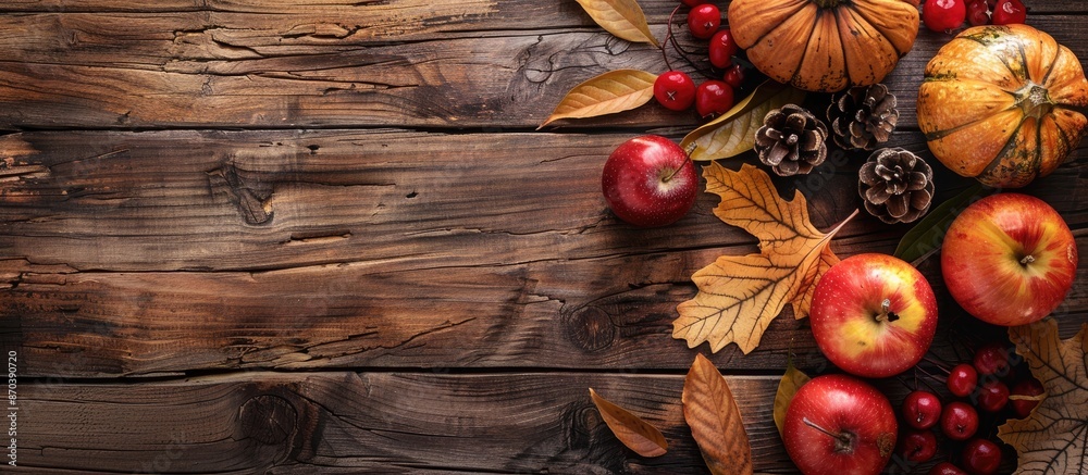 Poster top view of an autumn-themed still life on a wooden background with copy space for text.