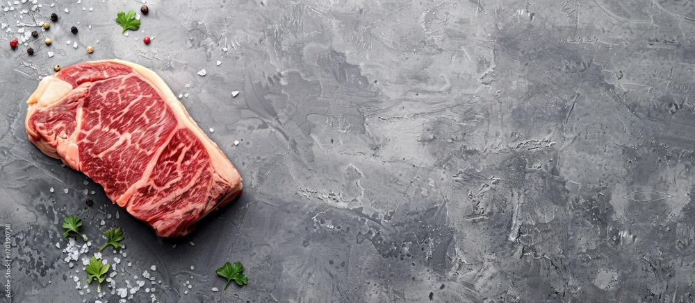 Poster top view of japanese wagyu rib eye steak on a gray background, with a spacious copy space image.