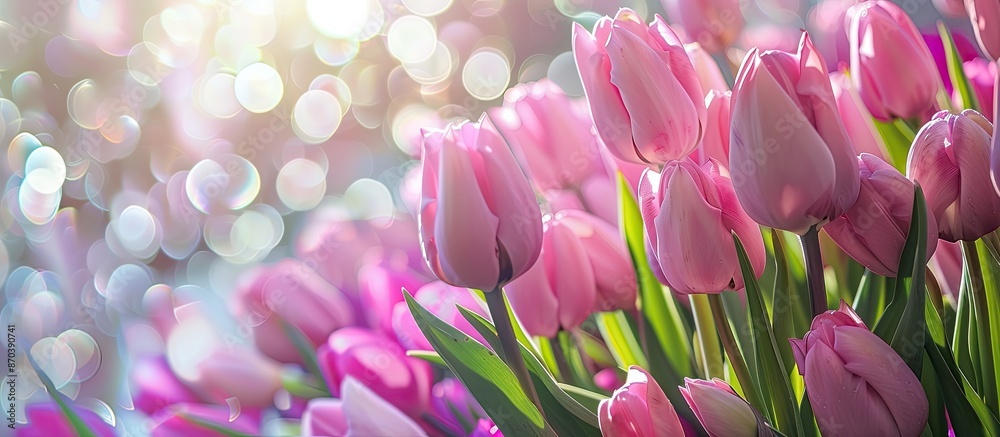 Poster abstract gray backdrop with beautiful pink tulips, perfect for copy space image.