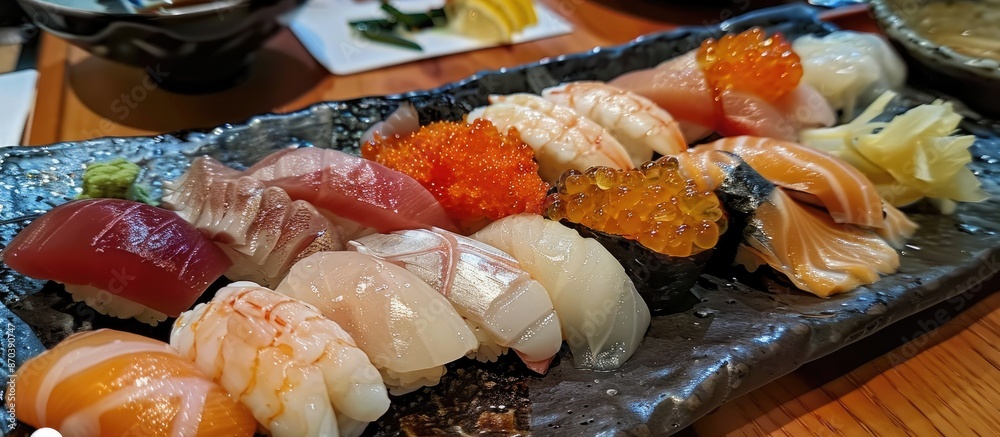 Poster A photo of the sushi I enjoyed, showing a delicious meal with appealing presentation and copy space image.
