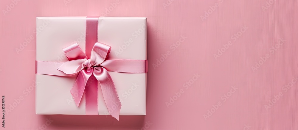 Aufkleber a gift box with a ribbon bow on a pink background with copy space image.