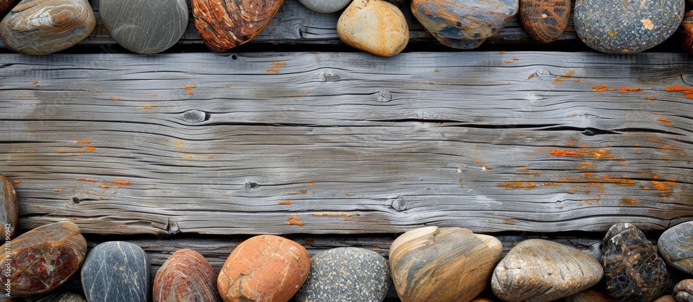 Poster wooden background with sea stones creating a frame, ideal for a copy space image.