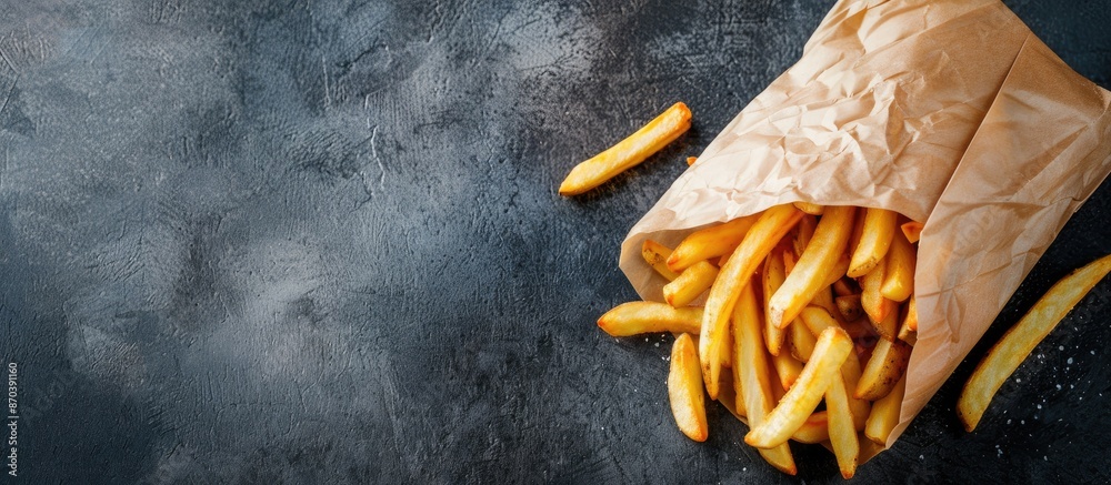 Poster Potato ready to fry is on a table with french fries as a background in the copy space image.