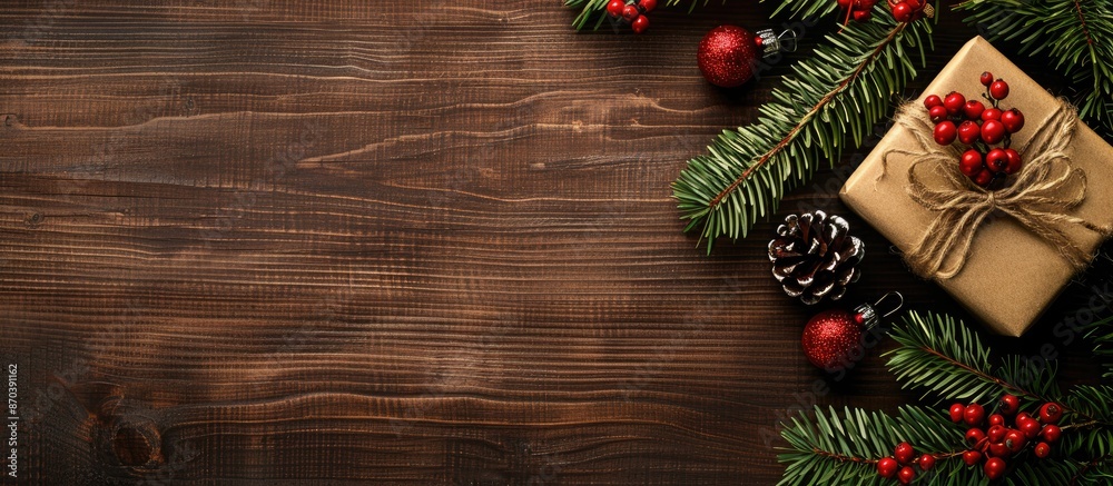 Poster Wooden surface with fir tree branches, red berries, and a present box creating a festive Christmas and New Year background with copy space image.