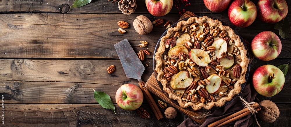 Poster delicious homemade whole wheat pie with apples, cinnamon, and a variety of nuts on a rustic wooden t