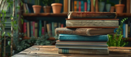 A stack of hardback books displayed on a wooden table with a school theme, allowing for copy space image.