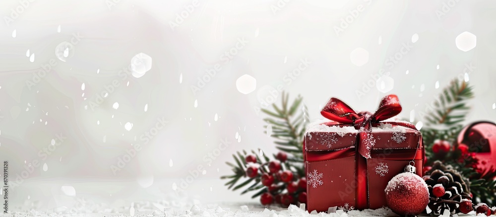 Poster selective focus of a christmas gift box on a white backdrop with decorative elements, providing ampl