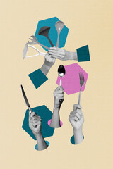 Composite trend artwork 3D image collage of crowd union man hands hold spoon fork knife kitchenwear tools eat cook prepare hungry