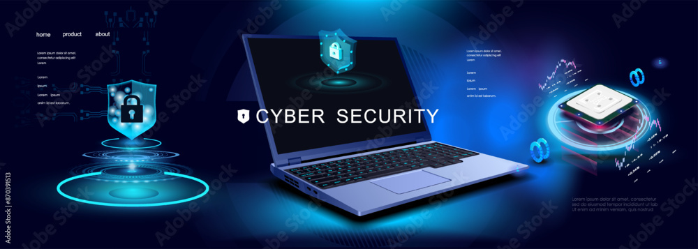 Poster security and data protection. cyber banner with open laptop and computer processor. laptop with digi