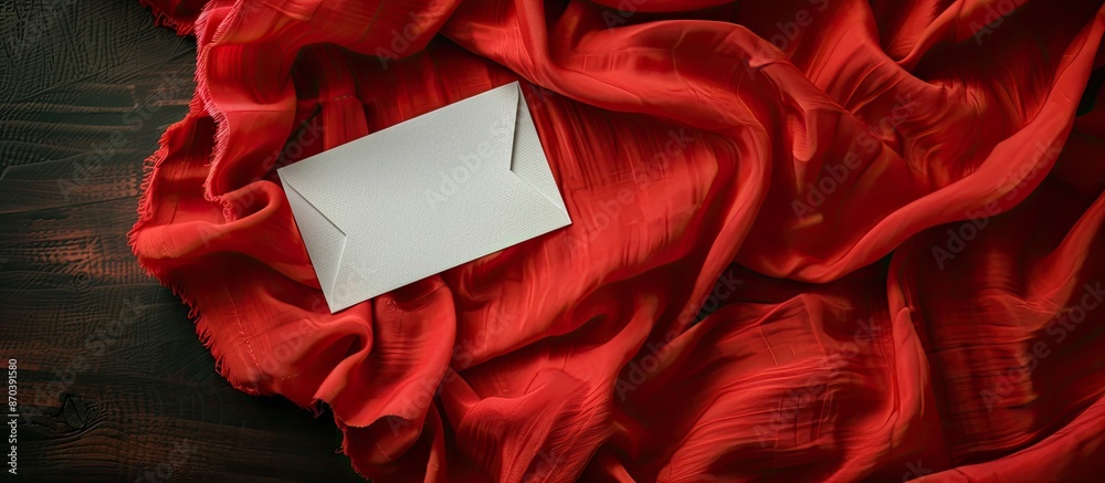 Poster red cloth with a greeting paper card on it, providing a copy space image.