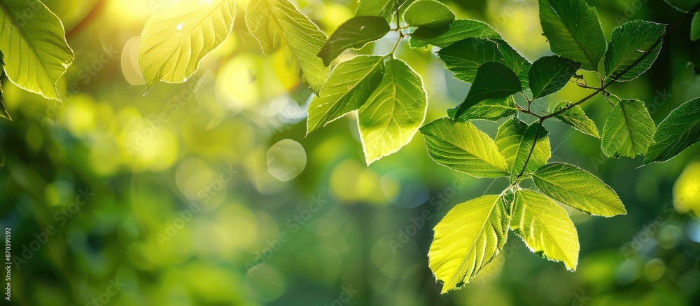 Fototapete fresh green leaves in close-up on a blurred bokeh background in the park, offering ample copy space 
