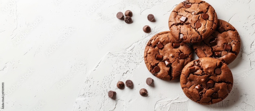 Poster chocolate cookies on a white background with room for text or elements. copy space available
