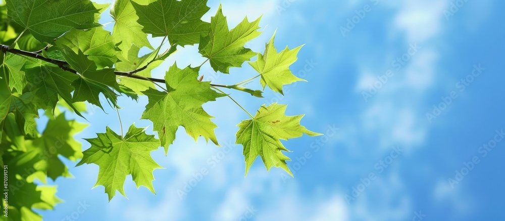 Poster maple branch with vibrant green leaves against a summer sky, ideal for a copy space image.