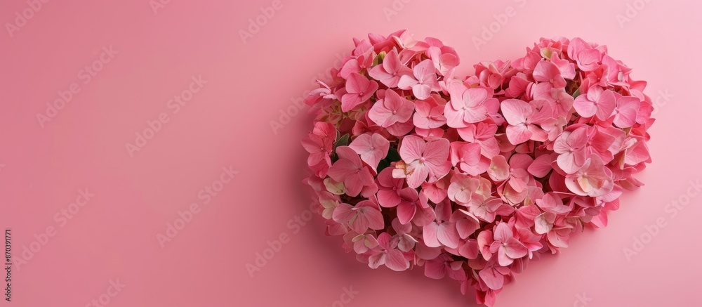 Aufkleber pink heart-shaped hydrangea flowers arranged in a bouquet against a pink backdrop with copy space im