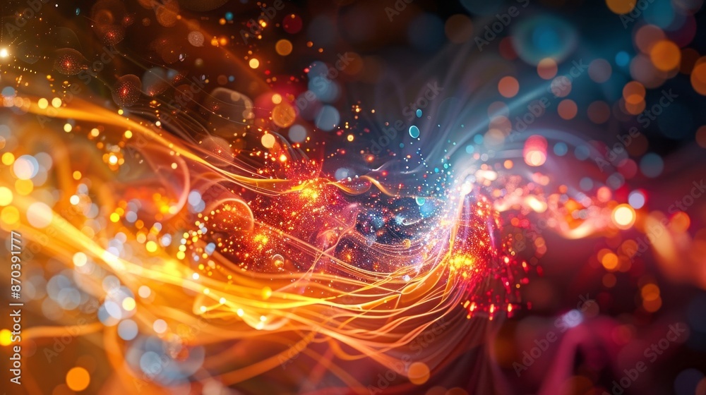Poster An abstract image depicting the concept of quantum entanglement with glowing energy streams intertwining and connecting