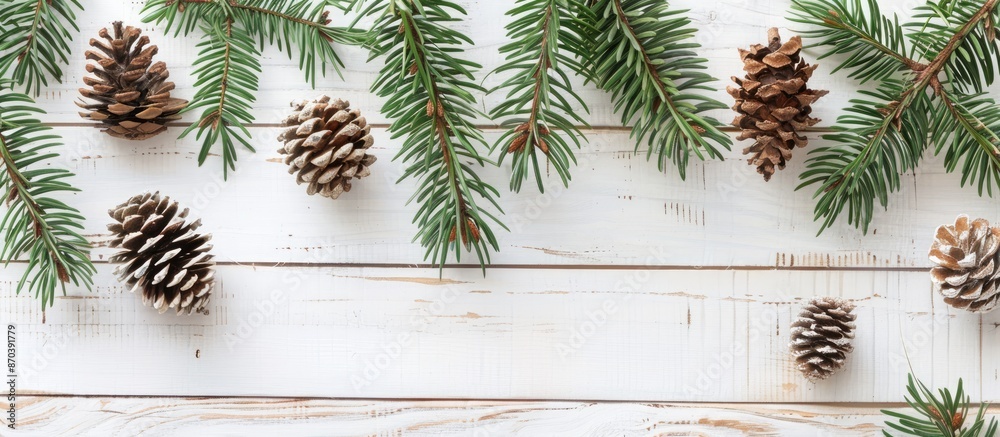 Poster top view of a christmas and new year's composition with pine cones and spruce branches on a white wo