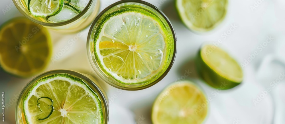 Poster Close-up top view of a refreshing lemon iced tea with lime slices on a plain background, perfect for a copy space image.